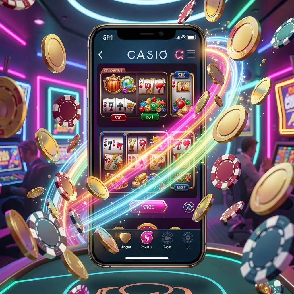 JOY5555 fast casino app access visual showing a smartphone with speed light trails, coins and chips flying around against a modern neon casino background in a dynamic 3D render