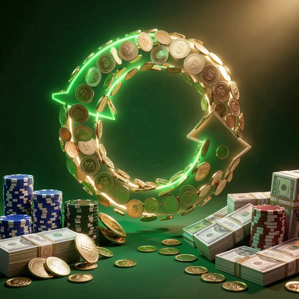 Realistic 3D render of a cashback casino bonus scene featuring coins moving in a circular arrow, stacks of chips, and cash bundles with a green and gold glow, representing JOY5555 casino bonus in Nepal