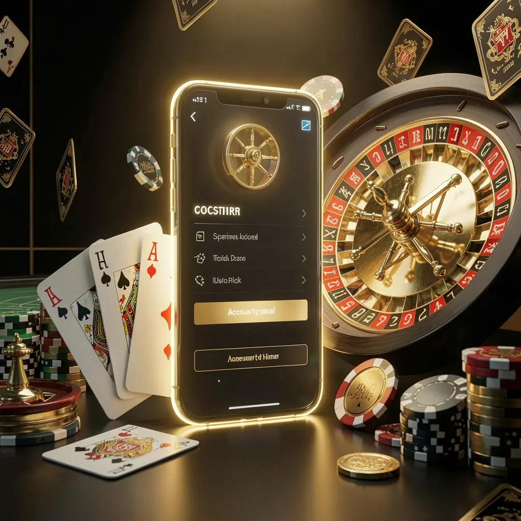 JOY5555 online casino account portal with glowing smartphone, premium cards, chips, roulette wheel, and coins on a black and gold background with cinematic lighting in a realistic 3D render