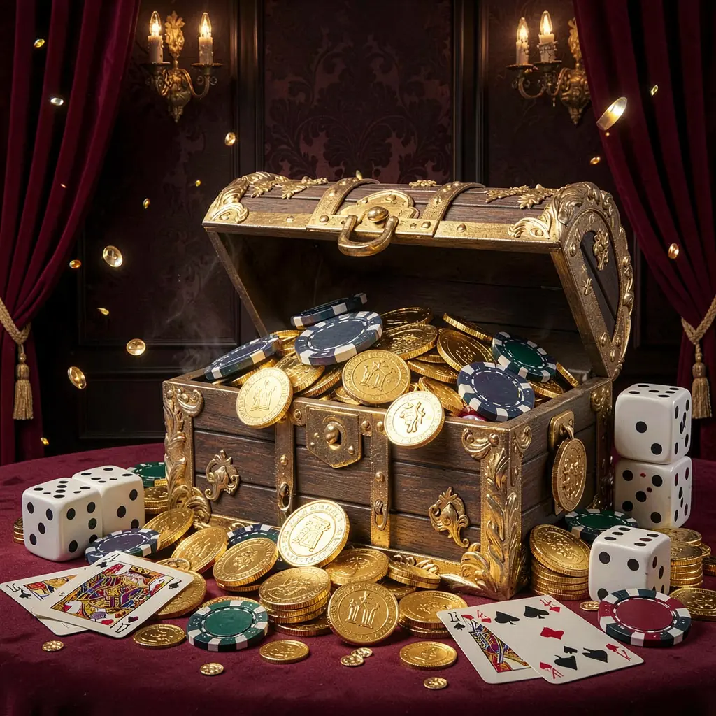 JOY5555 online casino welcome banner featuring a treasure chest filled with golden coins and casino chips, playing cards and dice nearby against a dark luxury background creating a festive premium atmosphere